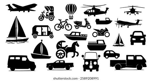 Transportation Silhouettes Vector Set  Cars, Trucks, Motorcycles, Boats, Airplanes, Helicopters, Bicycles, Hot Air Balloon, and Horse Carriage Icons  Black Silhouette Illustration for Design Project