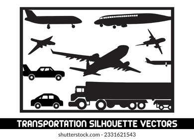 Transportation silhouettes vector, Vector transport illustration, Vehicle silhouette vectors, Car silhouette clipart, Bike silhouette vectors, Plane silhouette graphics,