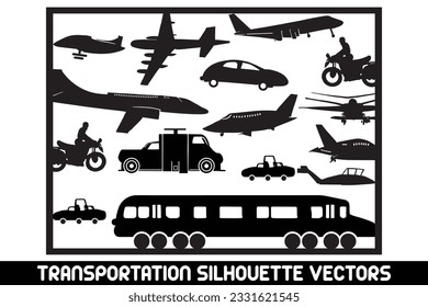Transportation silhouettes vector, Vector transport illustration, Vehicle silhouette vectors, Car silhouette clipart, Bike silhouette vectors, Plane silhouette graphics,