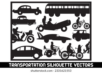 Transportation silhouettes vector, Vector transport illustration, Vehicle silhouette vectors, Car silhouette clipart, Bike silhouette vectors, Plane silhouette graphics,