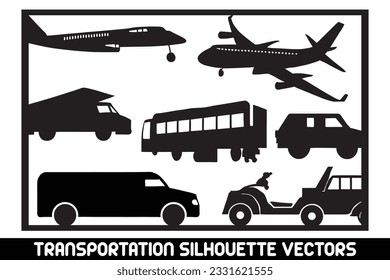 Transportation silhouettes vector, Vector transport illustration, Vehicle silhouette vectors, Car silhouette clipart, Bike silhouette vectors, Plane silhouette graphics,