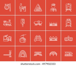 Transportation sketch icon set for web, mobile and infographics. Hand drawn transportation icon set. Transportation vector icon set. Transportation icon set isolated on red background.