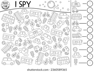 Transportation I spy black and white game for kids. Searching and counting line activity with car, bus, tram, taxi, truck, traffic lights, road signs. City printable worksheet, coloring page, puzzle
