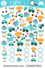 Transportación espía juego para niños. Búsqueda y conteo de actividades con avión, auto, barco, motocicleta, avión. Hoja de trabajo imprimible de aire, agua y transporte terrestre para niños preescolares. Rompecabezas