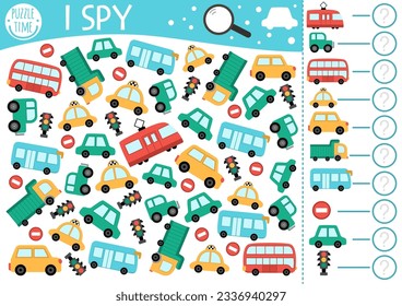 Transportation I spy game for kids. Searching and counting activity with car, bus, tram, taxi, truck, traffic lights, road sign. City printable worksheet for preschool children. Simple spotting puzzle