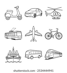 Transportation Station Coloring Page Line Art Bundle - Trem, Ônibus, Carro, Avião, Navio e Mais