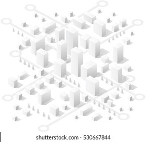 Transportation street. Isometric view of skyscraper office buildings and residential construction area