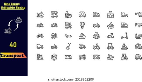 Transportation Stroke Icon-Set, mit Icons für Autos, Fahrräder, Flugzeuge, Züge, Motorräder, Busse und Roller.