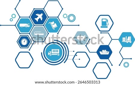 transportation and supply chain vector illustration. Abstract concept with world map background and connected icons related to international import and export, distribution.