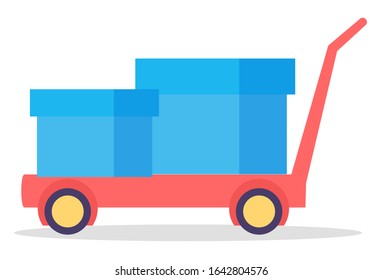 Transportation symbol carriage with parcel object isolated on white. Production line of boxes on trucking machine. Moving and logistic industry with truck and cargo on factory workplace vector