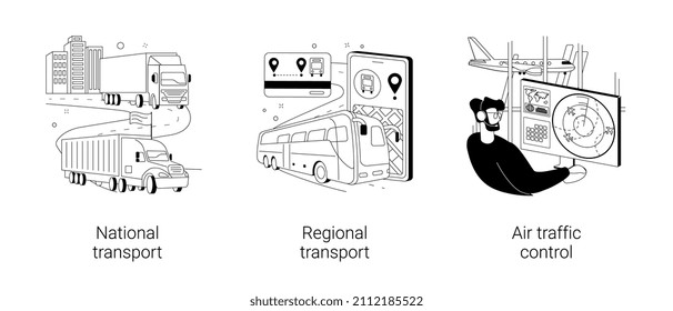 Transportation system abstract concept vector illustration set. National and regional transport, air traffic control, car driver, passenger pass, ticket office, airport radar abstract metaphor.