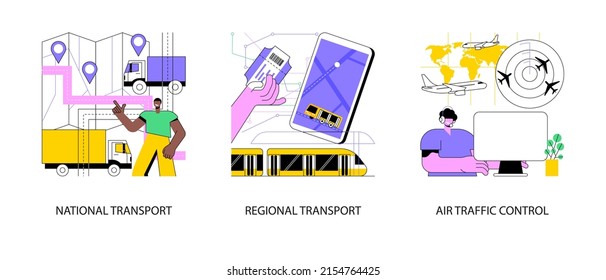 Transportation System Abstract Concept Vector Illustration Set. National And Regional Transport, Air Traffic Control, Car Driver, Passenger Pass, Ticket Office, Airport Radar Abstract Metaphor.