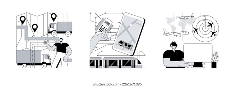 Transportation system abstract concept vector illustration set. National and regional transport, air traffic control, car driver, passenger pass, ticket office, airport radar abstract metaphor.