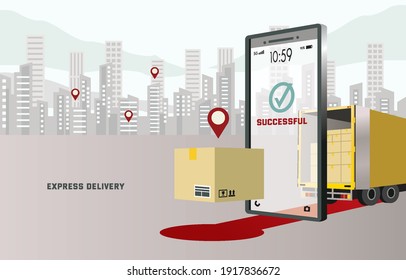 Transportation system illustration. Parcel delivery car bring the box to the destination. Mobile phones and cartons are on the background of buildings and cities.Design for banner, mobile app, website