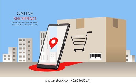 Transportation system illustration. Parcel delivery brings the box to the destination. Mobile phones and cartons are in the background of buildings and cities. Design for banner, mobile app, website