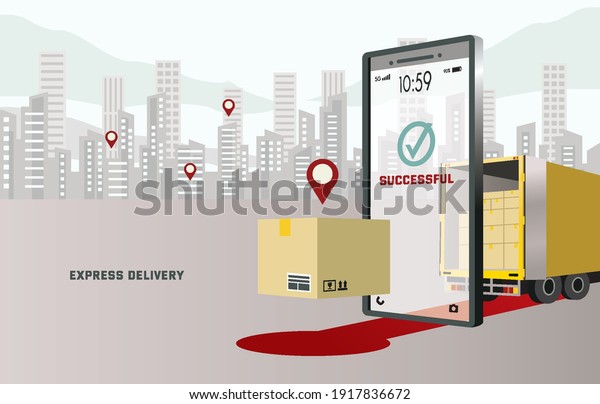 Transportation system illustration. Parcel\
delivery car bring the box to the destination. Mobile phones and\
cartons are on the background of buildings and cities.Design for\
banner, mobile app,\
website