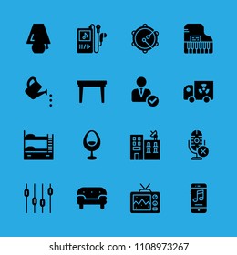 transportation, table, microphone, lamp, bunk, music player, piano, levels and sofa vector icon. Simple icons set