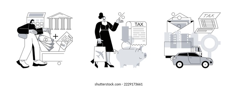 Transportation taxes abstract concept vector illustration set. Value added tax system, tax free service, transportation surtax, VAT number, purchase cost, transit service fee abstract metaphor.