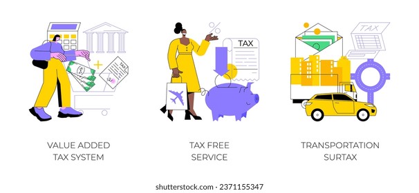 Transportation taxes abstract concept vector illustration set. Value added tax system, tax free service, transportation surtax, VAT number, purchase cost, transit service fee abstract metaphor.