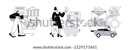 Transportation taxes abstract concept vector illustration set. Value added tax system, tax free service, transportation surtax, VAT number, purchase cost, transit service fee abstract metaphor.