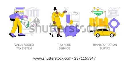 Transportation taxes abstract concept vector illustration set. Value added tax system, tax free service, transportation surtax, VAT number, purchase cost, transit service fee abstract metaphor.