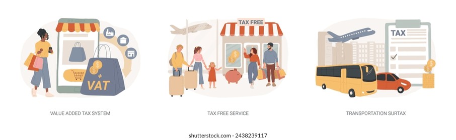 Transportation taxes isolated concept vector illustration set. Value added tax system, tax free service, transportation surtax, VAT number, purchase cost, transit service fee vector concept.