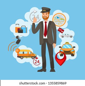 Transportation, Taxi Service Vector Illustration. Chauffeur, Driver in Uniform Cartoon Character. Baggage, Automobile Delivery Business. Cab Driver Profession. City Trip, Urban Travel