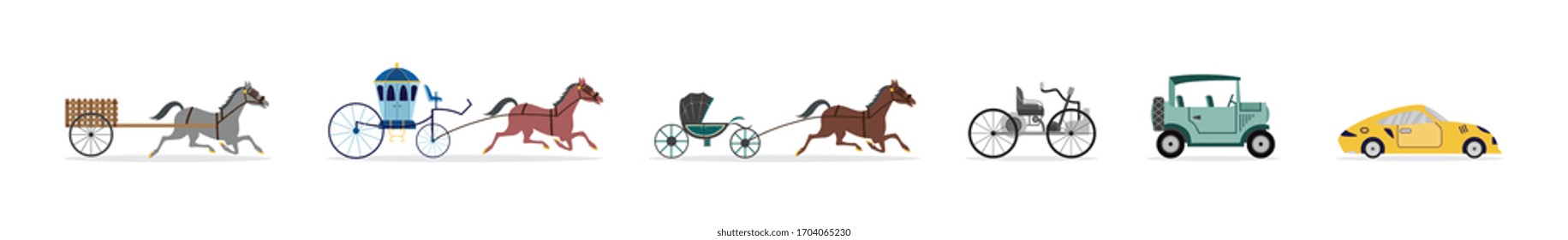 Transportation technology evolution line from horse carriage to car icons set, flat vector illustration isolated on white background. Passenger vehicle development.