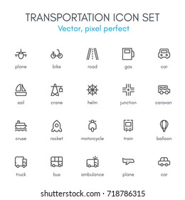 Tema de transporte, conjunto de iconos de línea. Trazo perfecto y totalmente editable, blanco y negro, conjunto de iconos vectoriales adecuado para sitios web, gráficos de información y medios impresos.