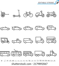 Iconos delgados de transporte. Pixel perfecto. Trazo editable.