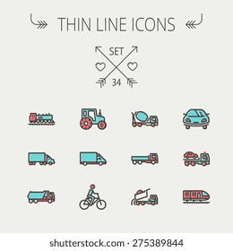 Juego de iconos de línea delgada de transporte para web y móvil. El conjunto incluye un coche-deportivo, camiones, furgonetas, bicicletas, camión remolque, camión mezclador, íconos del tren. Moderno diseño minimalista plano. Icono de vector con gris oscuro