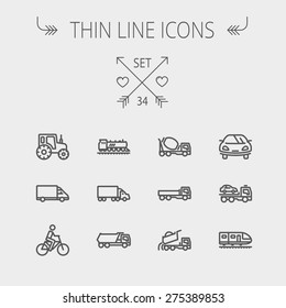 Transportation thin line icon set for web and mobile. Set includes- sports car, trucks, vans, bicycle, towing truck, mixer truck, train icons. Modern minimalistic flat design. Vector dark grey icon on