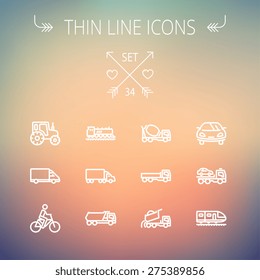 Transportation thin line icon set for web and mobile. Set includes-sports car, trucks, vans, bicycle, towing truck, mixer truck, train icons. Modern minimalistic flat design. Vector white icon on