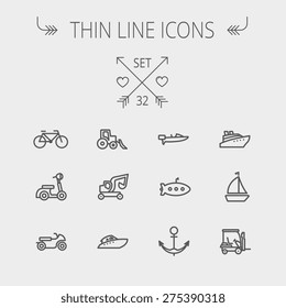 Transportation thin line icon set for web and mobile. Set includes- golf cart, trucks, motor, boat, submarine, anchor icons. Modern minimalistic flat design. Vector dark grey icon on light grey