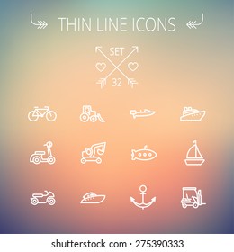 Transportation thin line icon set for web and mobile. Set includes- golf cart, trucks, motor, boat, submarine, anchor icons. Modern minimalistic flat design. Vector white icon on gradient mesh
