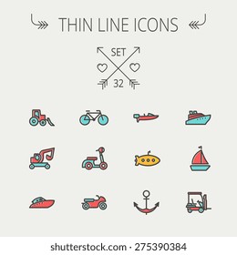 Transportation thin line icon set for web and mobile. Set include- golf cart, trucks, motor, boat, submarine, anchor  icons. Modern minimalistic flat design. Vector icon with dark grey outline and