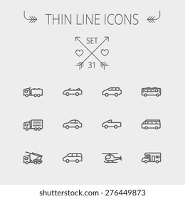 Transportation thin line icon set for web and mobile. Set includes- bus, cars, van, helicopter, camper van icons. Modern minimalistic flat design. Vector dark grey icon on light grey background.