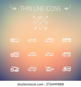 Transportation thin line icon set for web and mobile. Set includes- bus, cars, van, helicopter, camper van icons. Modern minimalistic flat design. Vector white icon on gradient mesh background.