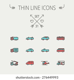 Transportation thin line icon set for web and mobile. Set include- bus, cars, van, helicopter, camper van icons. Modern minimalistic flat design. Vector icon with dark grey outline and offset colour