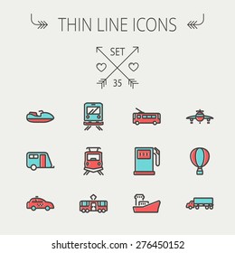 Transportation thin line icon set for web and mobile. Set include-gas pump, vessel, car, train, bus, boat icons. Modern minimalistic flat design. Vector icon with dark grey outline and offset colour