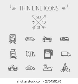 Transportation thin line icon set for web and mobile. Set includes- gas pump, vessel, car, train, bus, boat  icons. Modern minimalistic flat design. Vector dark grey icons on light grey background.