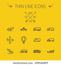 Transportation thin line icon set for web and mobile. Set includes- fire truck, trucks, plane, ships, hot air balloon icons. Modern minimalistic flat design. Vector dark grey icon on yellow background