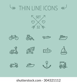 Transportation thin line icon set for web and mobile. Set includes- golf cart, trucks, motor, boat, submarine, anchor, scooter icons. Modern minimalistic flat design. Vector dark grey icon on grey