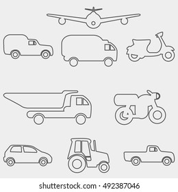 Transportation thin line icon set for web and mobile. Set includes- sports car, trucks, motorcycle, scooter, towing truck, plane icons. Modern minimalistic flat design. Vector dark grey icon