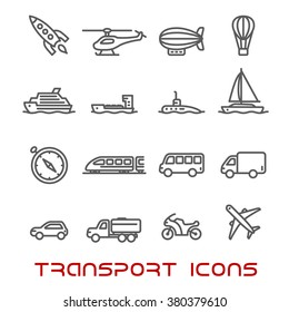 Transportation thin line icons set with car, bus and train, truck and ship, airplane and motorcycle, yacht and compass, tractor and helicopter, rocket and submarine, hot air balloon and airship 