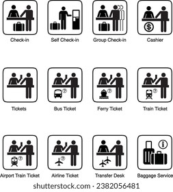 transportation ticket pictogram and check in counter and baggage service