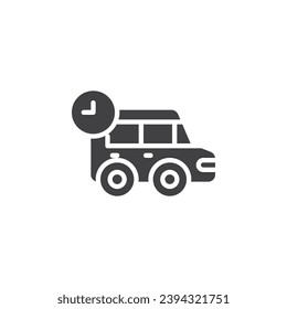 Icono del vector de tiempo de transporte. Señal plana llena de coche y reloj para el concepto móvil y el diseño web. Icono de glifo de alquiler de coches. Símbolo, ilustración del logotipo. Gráficos vectoriales