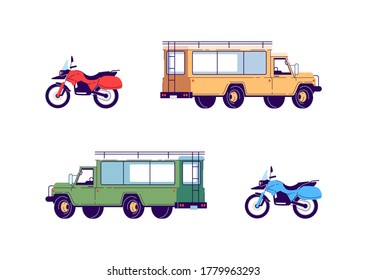 Transportation for tour semi flat RGB color vector illustration set. Motorcycle for extreme sport. Truck for safari travel. Vehicles isolated cartoon objects on white background collection