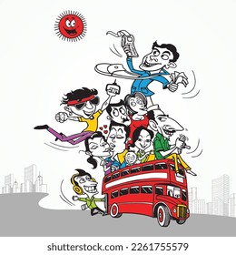 transportation, traffic, Mumbai tourism, Mumbai bus illustration, cartoons.