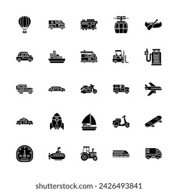 transportation, transport and vehicle vector icon set design solid style. perfect use for logo, presentation, website, and more. modern icon set design glyph style